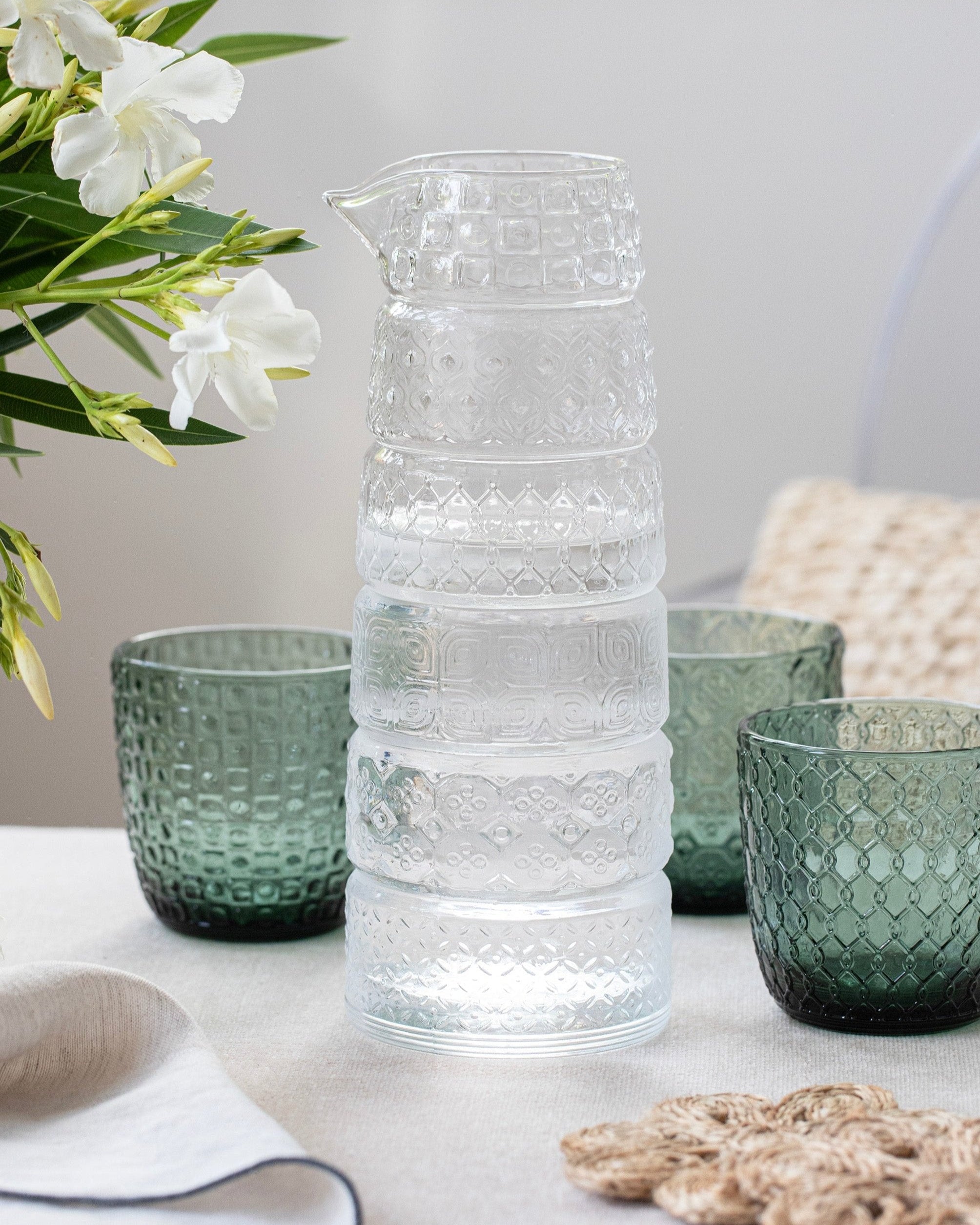 Set 6 vasos Textures Olive + Jarra Clear