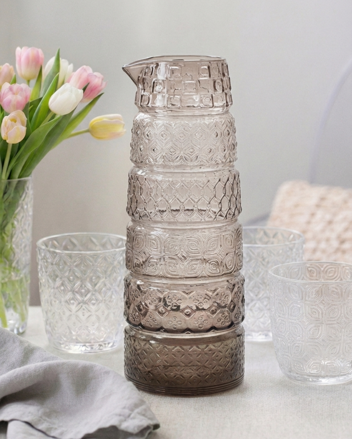 Set 6 Gläser + Krug Textures Smoke Grey