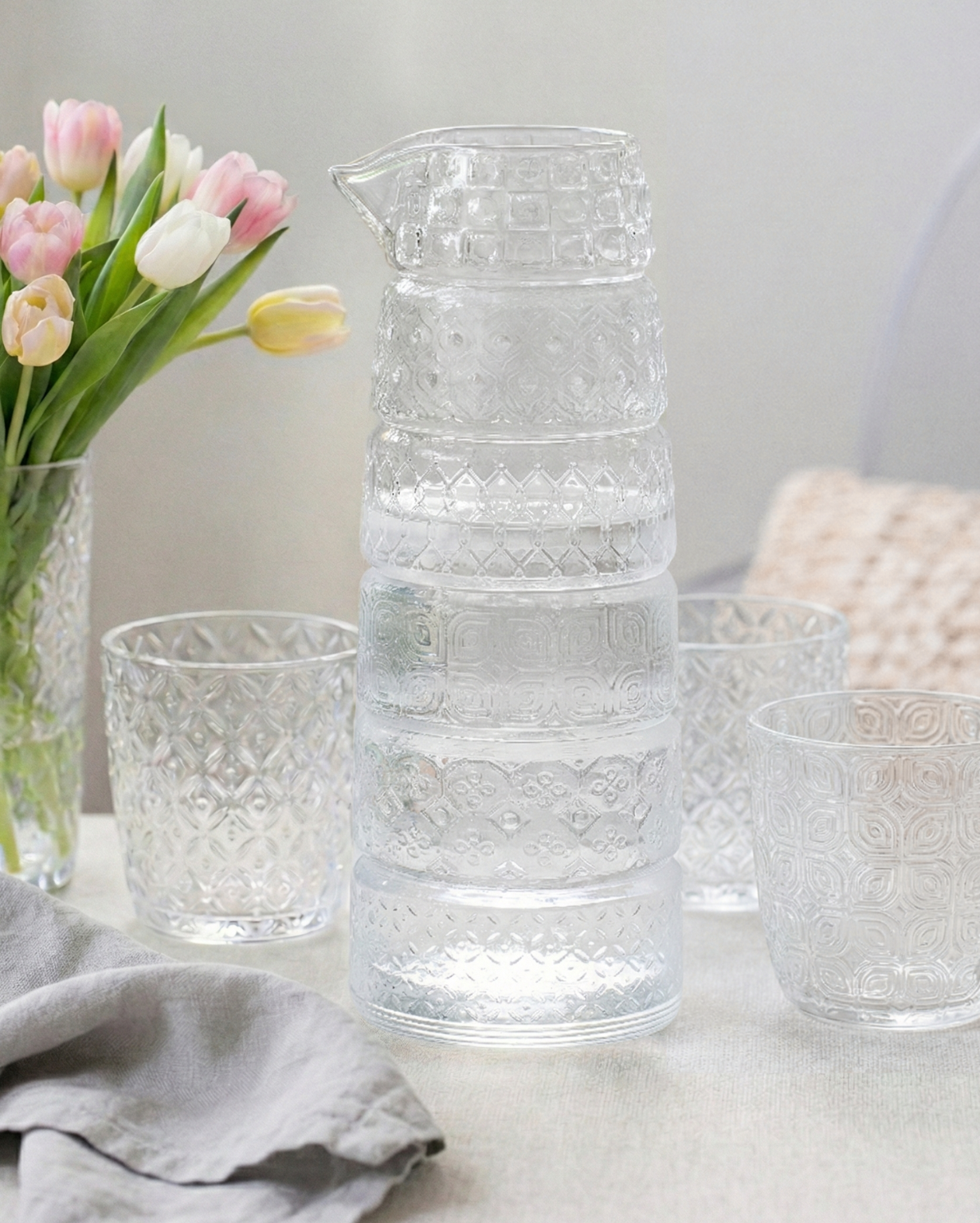 Set 6 Gläser + Krug Texturen Klar